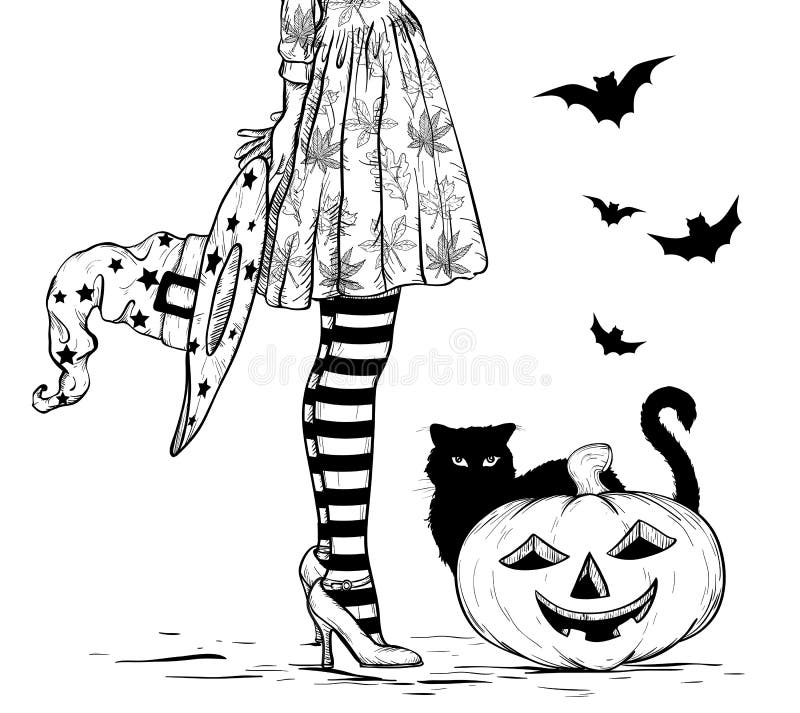 Portretul vrăjitoarei cu un vrăjitor în mână, în costum de Halloween, pisică neagră și dovleac. alb-negru royalty free illustration