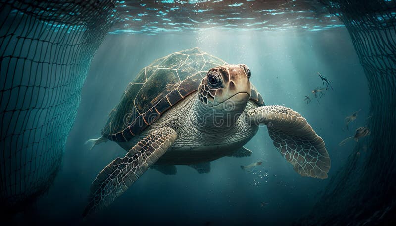 Portretul țestoasei marine care înoată sub apă, prins în conceptul de poluare generativă a mediului net al pescuitului royalty free illustration