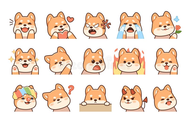 Portrety słodkich psów shiba. Zabawne emoji różne pozy i emocje kawaii pies bohaterów anime puppy japoński rasa royalty ilustracja