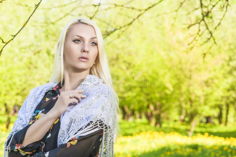 Portrit of Dreaming Caucasian Blond Woman Posing Outside stock image Portrit of Dreaming Caucasian Blond Woman Posing Outside stock image