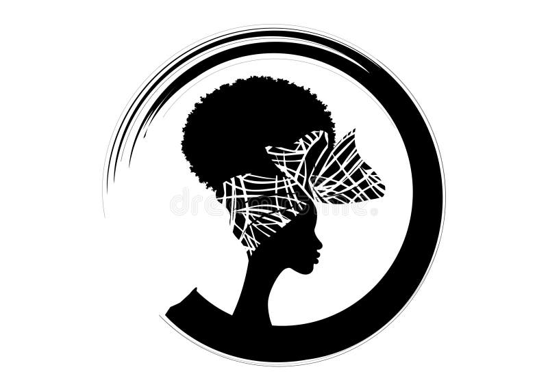Portrit, vacker afrikansk kvinna, afro curly-hår i traditionell bandana, svart kvinna vektor silhouette isolerad rund logotyp royaltyfri illustrationer