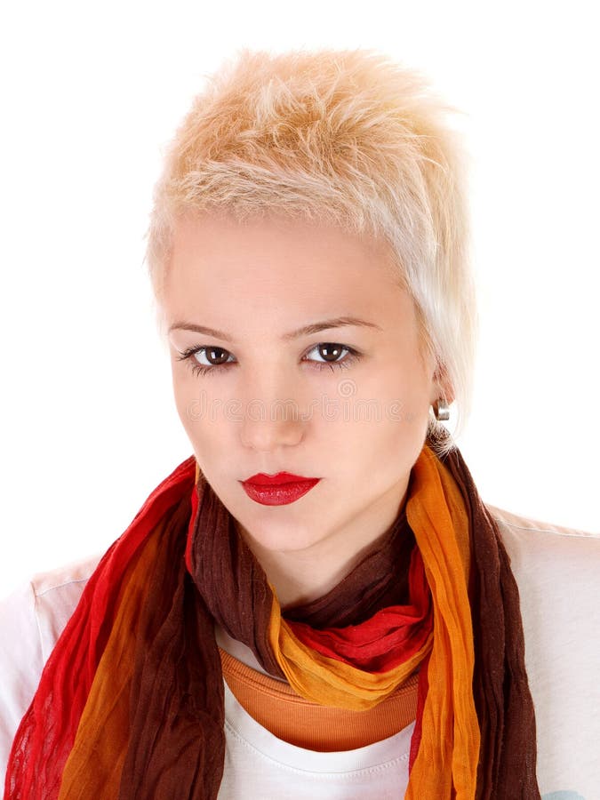 Close up portrait of young attractive woman with short blond hair, looking to camera. White background. Close up portrait of young attractive woman with short blond hair, looking to camera. White background