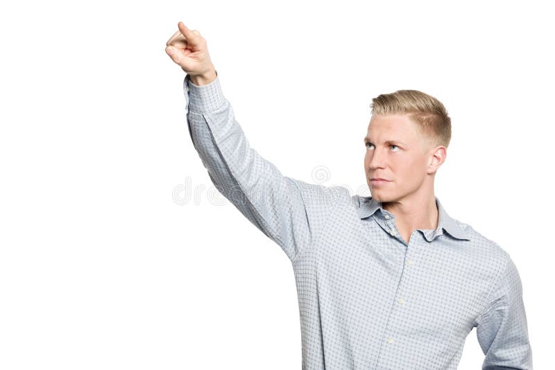 Fokussierte Geschäftsmannzeichnung mit dem Finger in der Luft. stockbild