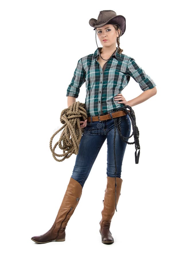 Porträt des Cowgirls mit der Schnur lizenzfreie stockfotografie Porträt des Cowgirls mit der Schnur lizenzfreie stockfotografie