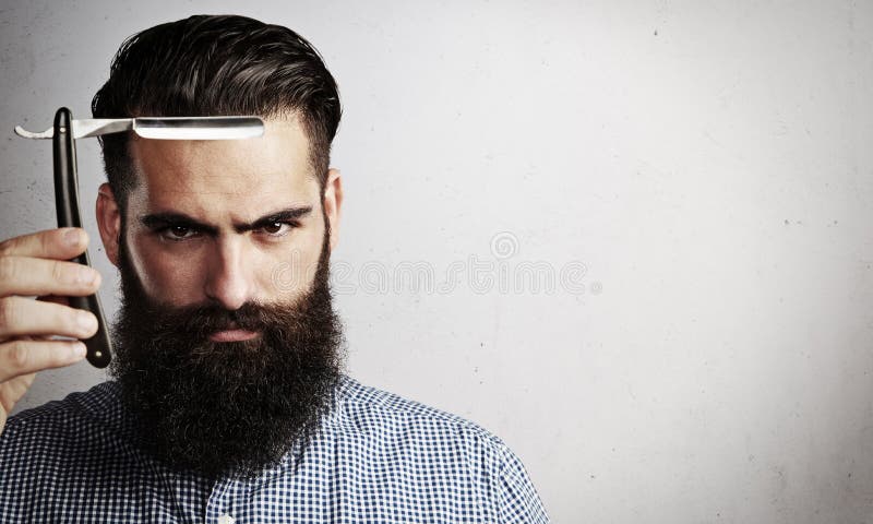 Porträt des groben Mannes mit geradem Rasiermesser der Weinlese lizenzfreies stockbild Porträt des groben Mannes mit geradem Rasiermesser der Weinlese lizenzfreies stockbild