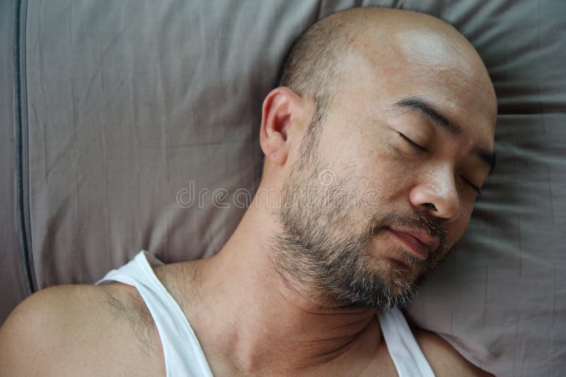 Porträt des japanischen schlafenden Mannes des kahlen Bartes auf grauem Kissen lizenzfreies stockbild