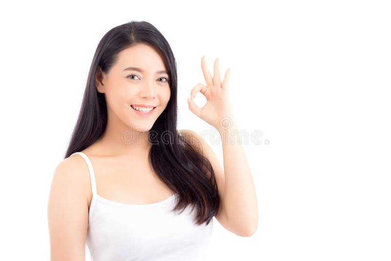 Porträt des schönen asiatischen Frauenmakes-up von Kosmetik, der Schönheit des Mädchens mit Gesichtslächeln und des okayattraktiv lizenzfreie stockfotos