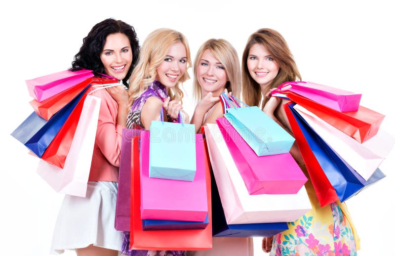 Porträt des schönen glücklichen Frauenkaufs lizenzfreies stockbild Porträt des schönen glücklichen Frauenkaufs lizenzfreies stockbild