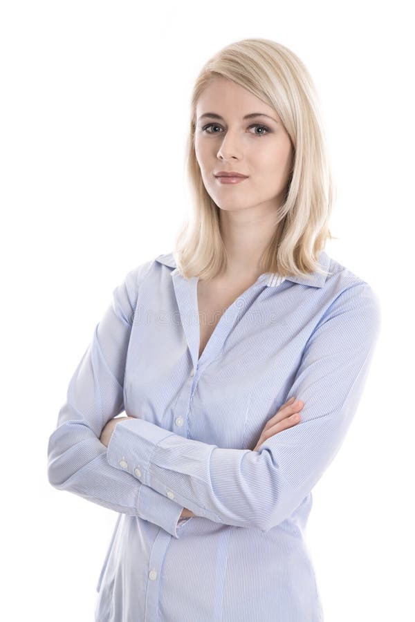 Portrait of a blond isolated young business woman in blue blouse over white. Portrait of a blond isolated young business woman in blue blouse over white.