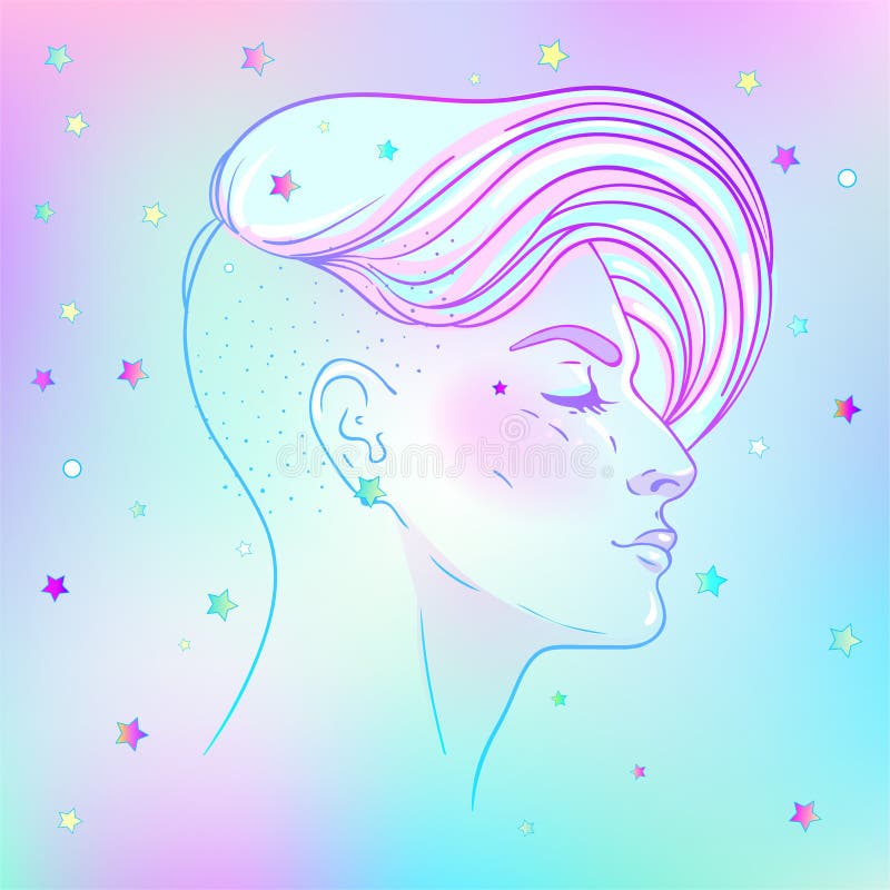 Porträt einer jungen hübschen Frau mit beidseitig rasiertem Haar Vector-Illustration Handgezeichnete Kunst eines jungfräulichen M vektor abbildung