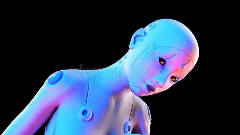 Porträt einer Roboterfrau, die auf schwarzem Hintergrund posiert. stock abbildung