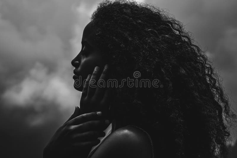 Porträt einer schönen ethnischen Afroamerikanerfrau mit Wolke lizenzfreie stockfotografie Porträt einer schönen ethnischen Afroamerikanerfrau mit Wolke lizenzfreie stockfotografie