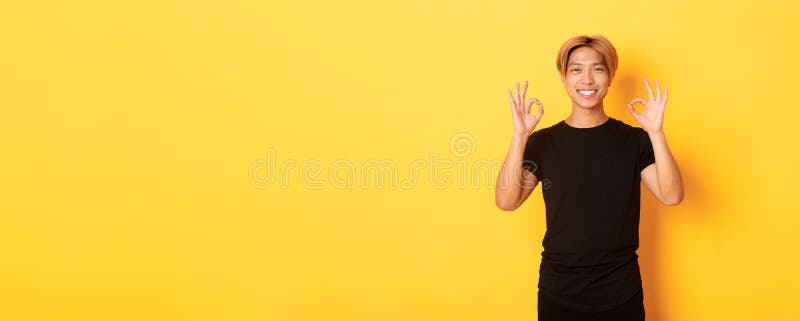 Porträt eines lächelnden zuversichtlichen asiatischen Mannes, der erfreut aussieht, wenn er gute Geste gelben Hintergrund zeigt stockfoto