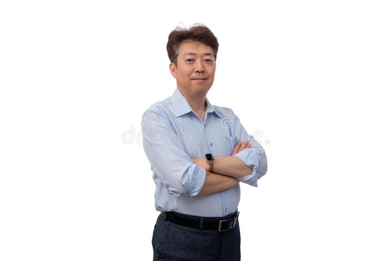 Porträt eines mittelaltrigen asiatischen Geschäftsmanns in seinen 50ern mit einem blauen Hemd lizenzfreie stockbilder