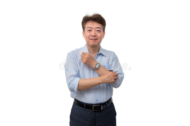 Porträt eines mittelaltrigen asiatischen Geschäftsmanns in seinen 50ern mit einem blauen Hemd stockbilder