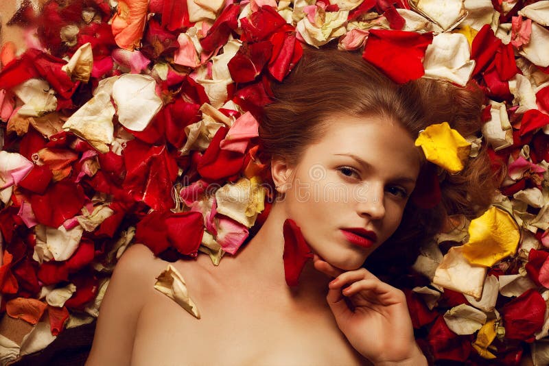 Porträt eines modernen rothaarigen Modells in den rosafarbenen Blumenblättern lizenzfreies stockfoto Porträt eines modernen rothaarigen Modells in den rosafarbenen Blumenblättern lizenzfreies stockfoto