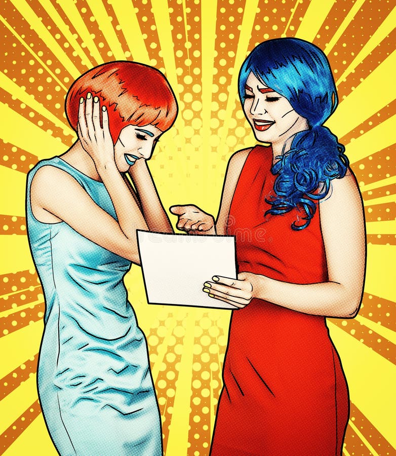 Porträt von jungen Frauen in der komischen Pop-Arten-Make-upart Frauen lesen Brief lizenzfreies stockbild Porträt von jungen Frauen in der komischen Pop-Arten-Make-upart Frauen lesen Brief lizenzfreies stockbild