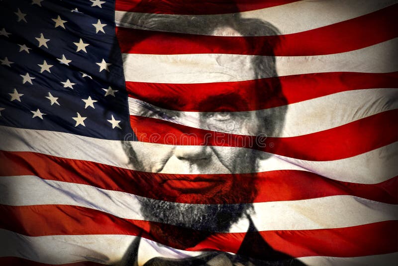 Porträt von Präsident Abraham Lincoln auf amerikanischer Flagge