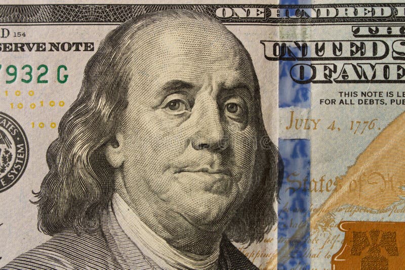 Porträt von Präsidenten Benjamin Franklin auf 100 Dollarschein clo lizenzfreie stockfotos Porträt von Präsidenten Benjamin Franklin auf 100 Dollarschein clo lizenzfreie stockfotos