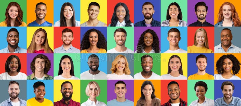 Porträts multinationaler Frauen und Männer verschiedener Rassen und Altersgruppen, die über farbenfrohe Studiohintergründe lächeln lizenzfreies stockfoto