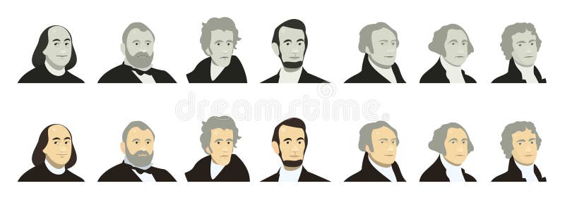 Portraits of US Presidents and famous politicians. Stylized like on US Dollar banknotes money of USA. George Washington, Thomas Jefferson, Abraham Lincoln, Alexander Hamilton, Andrew Jackson, Ulysses S. Grant, Benjamin Franklin. flat vector set, color and grey. Portraits of US Presidents and famous politicians. Stylized like on US Dollar banknotes money of USA. George Washington, Thomas Jefferson, Abraham Lincoln, Alexander Hamilton, Andrew Jackson, Ulysses S. Grant, Benjamin Franklin. flat vector set, color and grey