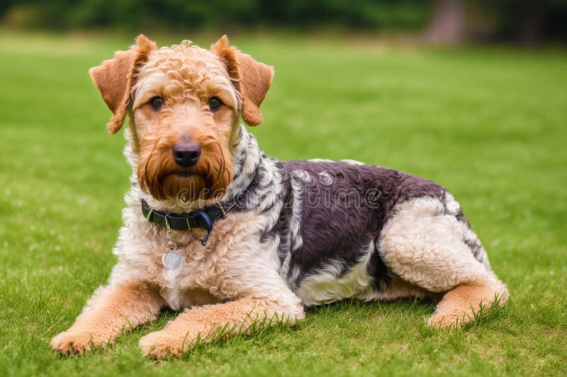Porträtt av en vacker, airedale-skräckhund i parken. generativ ai stock illustrationer