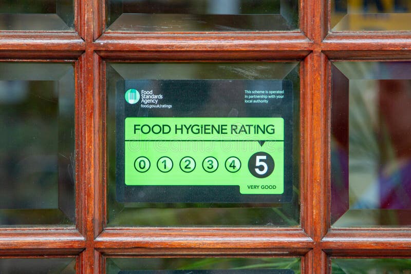08/09/2020 Portsmouth, Hampshire, UK a food hygiene rating sicker with a rating of 5 in the window of a restaurant or takeaway. 08/09/2020 Portsmouth, Hampshire, UK a food hygiene rating sicker with a rating of 5 in the window of a restaurant or takeaway