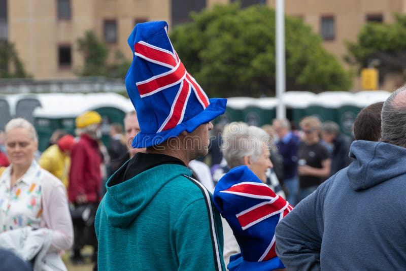 09/14/2019 Portsmouth, Hampshire, UK a man and his son wearing union jack top hats