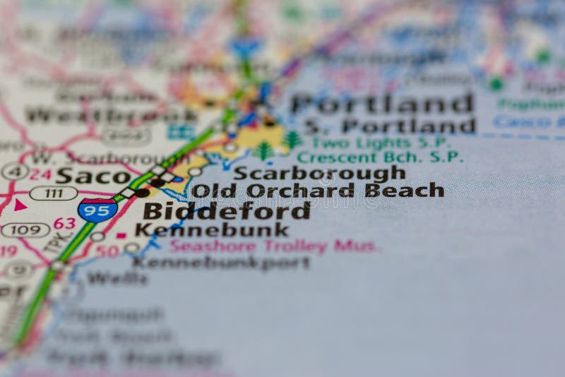 05-14-2021 Portsmouth, Hampshire, UK, Old Orchard Beach Maine USA shown on a Geography map or road map