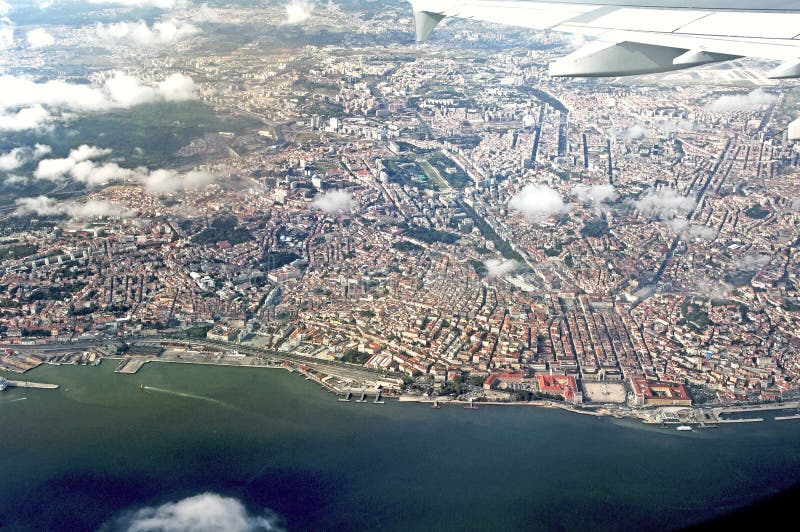 Portugal, Lisbon: Aerial view of Lisbon Atlantic coast line from an airplane.