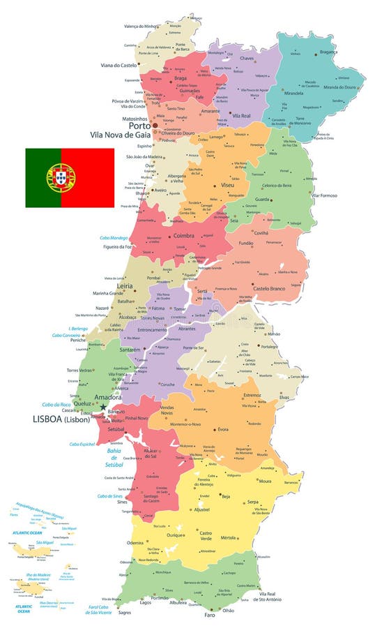 Colorful map of Portugal (districts on separate layers) Stock