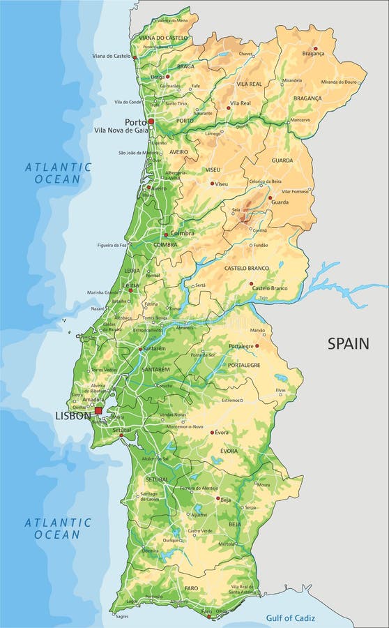 The detailed map of the Portugal with regions or states and cities