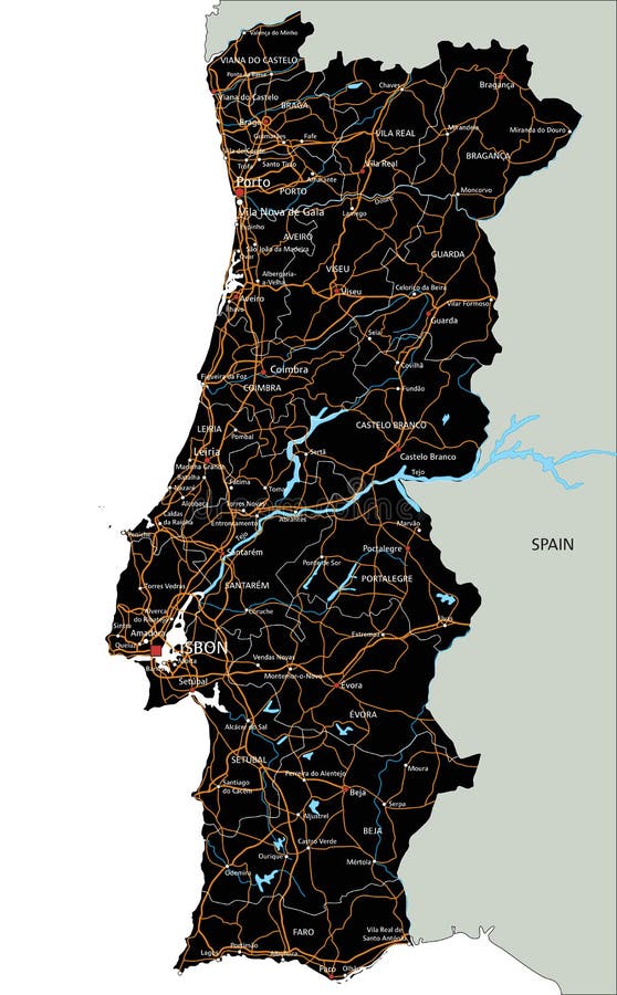 The Detailed Map of the Portugal with Regions or States and Cities