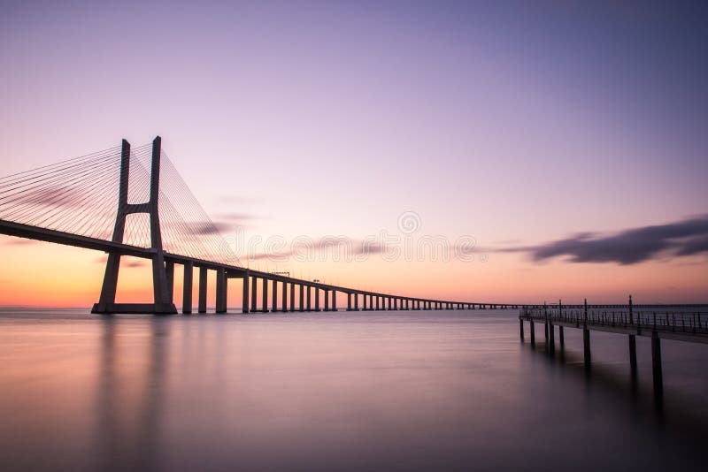 Portugal Vasco Da Gama Bridge Lisbon Sunrise Stock Photo Image Of