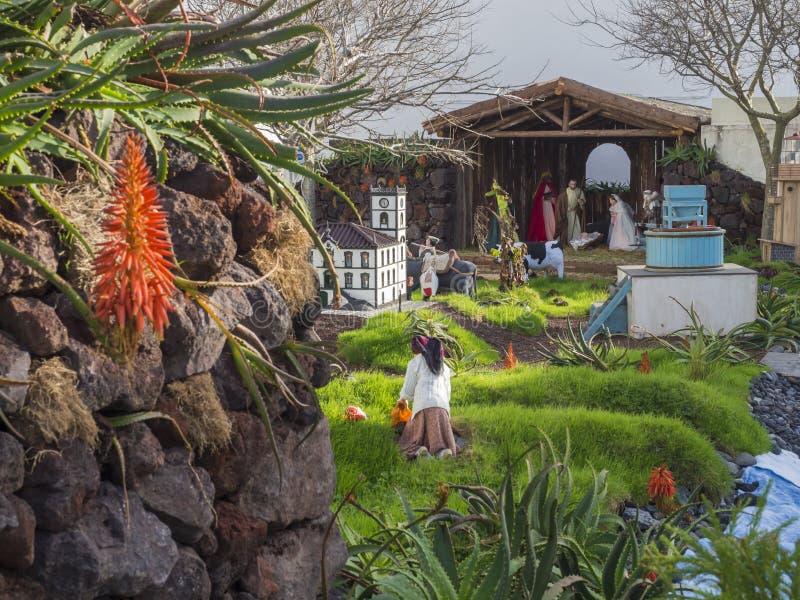 PORTUGAL, VILA FRANCA DO CAMPO, Sao Miguel, Azores,December 28, 2018: Big old realistic Nativity scene with christmas. Crib creche, miniatures of city main royalty free stock image PORTUGAL, VILA FRANCA DO CAMPO, Sao Miguel, Azores,December 28, 2018: Big old realistic Nativity scene with christmas. Crib creche, miniatures of city main royalty free stock image