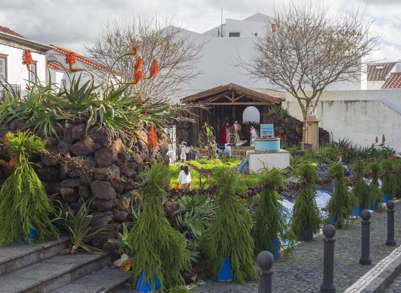 PORTUGAL, VILA FRANCA DO CAMPO, Sao Miguel, Azores,December 28, 2018: Big old realistic Nativity scene with christmas. Crib creche, miniatures of city main stock image PORTUGAL, VILA FRANCA DO CAMPO, Sao Miguel, Azores,December 28, 2018: Big old realistic Nativity scene with christmas. Crib creche, miniatures of city main stock image