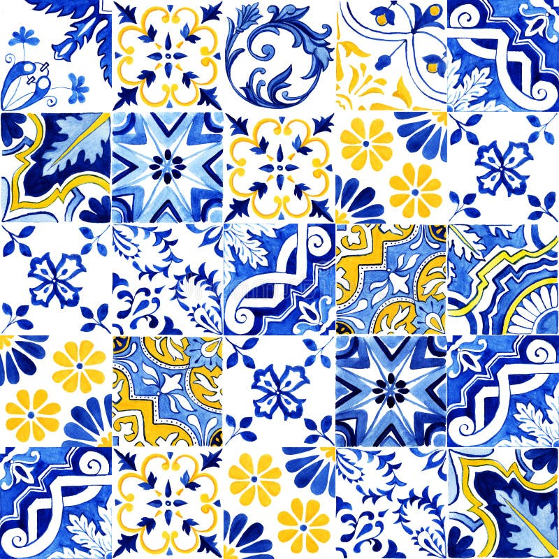 Portugiesische azulejos Deckung nahtlose Muster mit angeordnet. Mosaikfliesendekoration des traditionellen Aquarells Portugiesisch