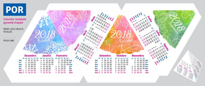 Portugiesischer brasilianischer Kalender 2018 der Schablone durch Jahreszeitpyramide formte stock abbildung Portugiesischer brasilianischer Kalender 2018 der Schablone durch Jahreszeitpyramide formte stock abbildung