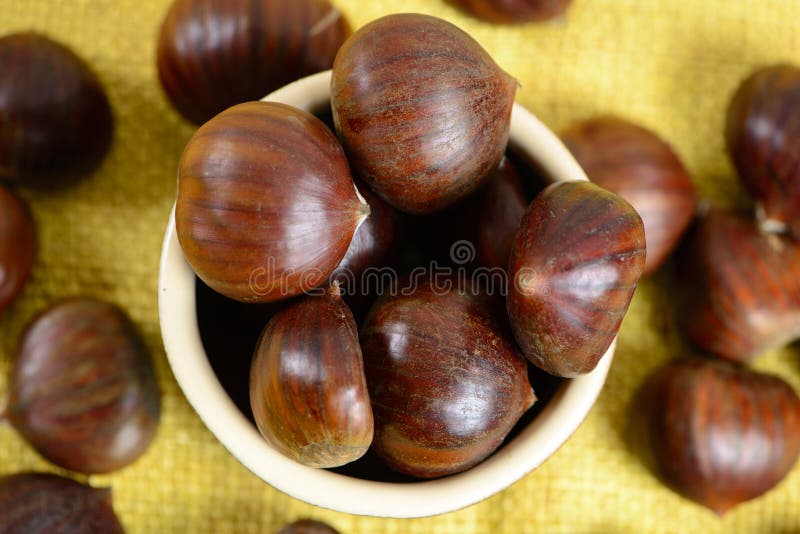 Portuguese Nuts in Ceramic Container Over Yellow Jute and with