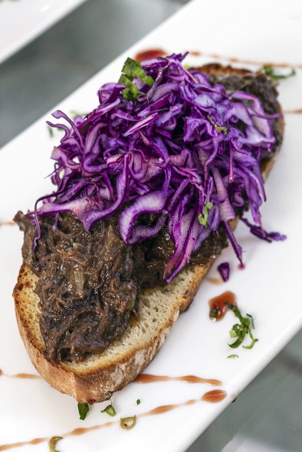 Portuguese Stewed Beef and Red Cabbage Toast Tapas Snack Stock Photo ...