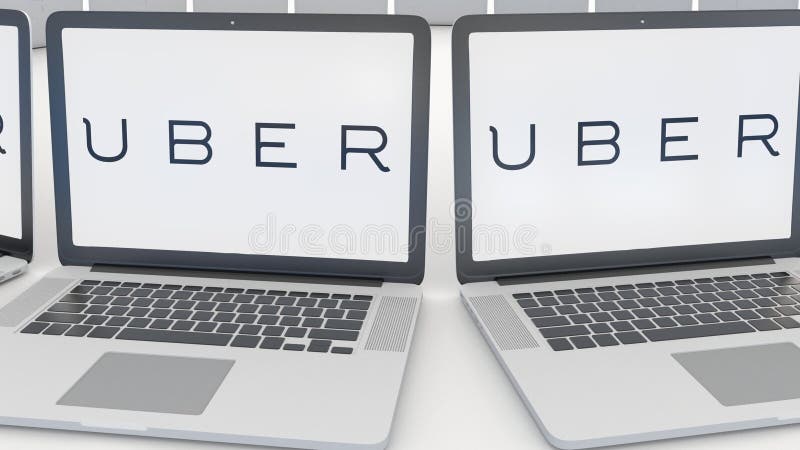 Portáteis com tecnologias Inc de Uber logotipo na tela Grampo conceptual do editorial 4K da informática, laço sem emenda