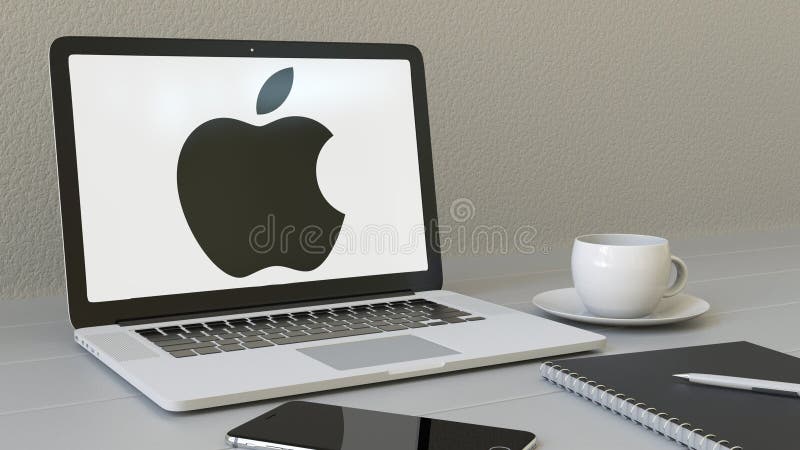 Portátil com Apple Inc logotipo na tela Entrada moderna do prédio de escritórios Editorial conceptual 3D do local de trabalho mod