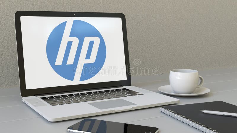 Portátil com HP Inc logotipo na tela Rendição conceptual do editorial 3D do local de trabalho moderno