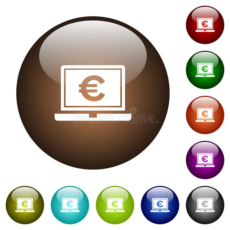 Portátil con botones de cristal de color de signo de euro. Portátil con iconos blancos de signo de euro en botones de cristal de color redondo