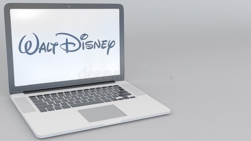 Portátil de abertura e de fechamento com logotipo de Walt Disney Pictures na tela Editorial conceptual 4K da informática