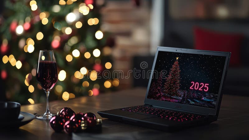 Portátil sobre la mesa en las gafas de oficina del árbol de navidad del champán 2025. foco selectivo. generado por ai