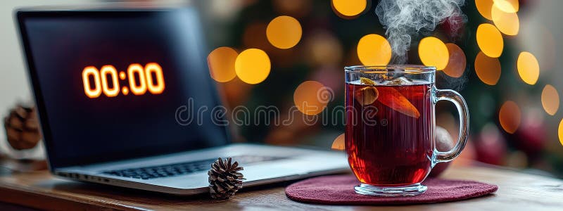 Portátil sobre la mesa en las gafas de oficina del árbol de navidad del champán 2025. foco selectivo. generado por ai