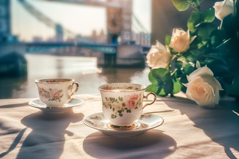 Porzellanbecher mit Untertasse von einem englischen Service mit frisch gebrühtem Tee auf weißem Leinentücher mit Rose vektor abbildung