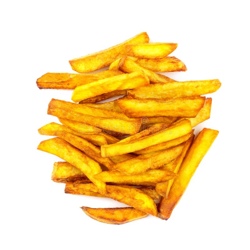 Porzione casalinga degli alimenti a rapida preparazione di patate fritte isolate su fondo bianco, vista superiore immagini stock Porzione casalinga degli alimenti a rapida preparazione di patate fritte isolate su fondo bianco, vista superiore immagini stock