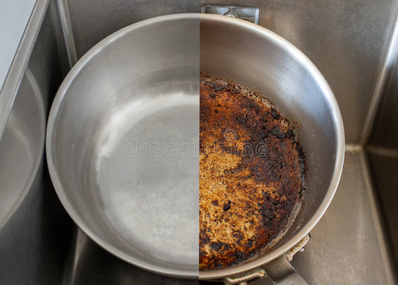 Porównać obraz patelni przed i po wyczyszczeniu nieczystego, zabarwionego garnka z spalonego garnka do gotowania. brudnej stali ni